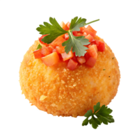 Crispy fried rice ball with tomato and ham topping. png