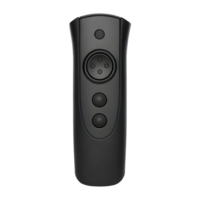 Black remote control with buttons and circular element. png