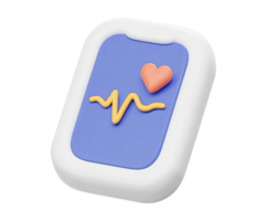 Smartphone screen showing heart rate ECG 3D render icon. Health app, fitness tracker, or remote patient monitoring. Isolated transparent graphic device. png