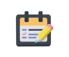 Clipboard checklist with pencil 3D render icon. Represents medical tasks, patient notes, health survey, or to-do list. Isolated transparent for forms. png