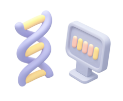 DNA analysis on computer screen 3D render icon. Genetic research, bioinformatics, or medical data visualization. Isolated transparent graphic display. png