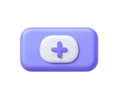 Medical cross on rounded rectangle button 3D render icon. Healthcare symbol, hospital sign, first aid point, or app UI element. Isolated transparent graphic. png