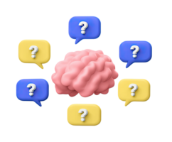 Brain with question speech bubbles 3D render icon. Represents brainstorming, mental health discussion, or seeking answers. Isolated transparent graphic. png