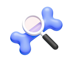 Magnifying glass examining DNA helix 3D render icon. Symbolizes genetic research, analysis, or gene testing. Isolated transparent graphic for science labs. png
