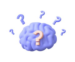 Purple brain with central question mark 3D render icon. Focus on mental health diagnosis confusion or neurological query. Isolated transparent graphic. png