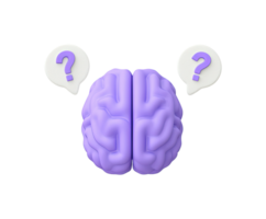 3D render icon Brain with question mark. Symbolizes mental health queries or neurology diagnosis. Isolated transparent for medical web app use. png