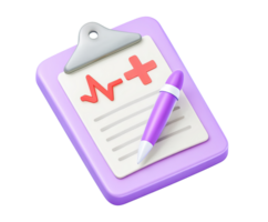 Medical clipboard with checklist 3D render icon. Represents patient records, health checkups, or forms. Isolated transparent for clinic workflow visuals. png