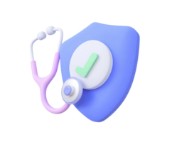 Green medical shield with checkmark 3D render icon. Signifies health verified, protected, or approved status. Isolated transparent for secure portals. png