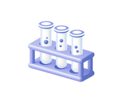 Test tubes in rack 3D render icon. Represents lab analysis, medical testing, or science research. Isolated transparent for lab services or blood tests. png