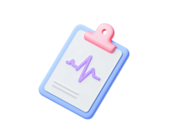 Medical clipboard with ECG chart 3D render icon. Cardiology report or heart health assessment visual. Isolated transparent for patient record systems. png