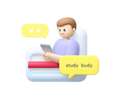 Person at a desk with laptop showing 'study budy,' a 3D icon for online learning, collaborative study, or ed-tech. For e-learning or study groups. png