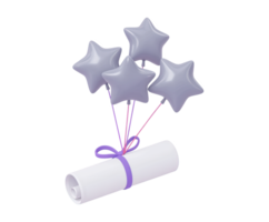 3D rendered scroll, like a diploma or certificate, tied with a ribbon and three grey stars. Represents achievement, graduation, or official recognition. png