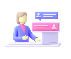 3D person at reception or helpdesk with UI, for customer service, information point, or front-office support. For businesses and support centers. png