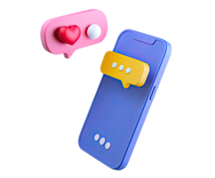 Smartphone 3D icon with chat bubble, heart, typing indicator, for affectionate conversation, dating app use, or love text. For modern communication. png