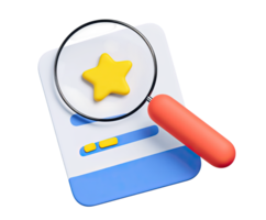 3D magnifying glass over document with star, for review analysis, quality inspection, or searching excellence. For research and data scrutiny. png