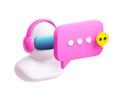 3D headset with pink speech bubble and typing dots, for ongoing customer service chat, live support, or call center interaction. For helpdesk visuals. png