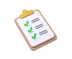 3D clipboard with checklist and green checkmarks, for completed tasks, successful planning, task management, or quality assurance. For productivity. png