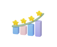 Colorful 3D bar graph with stars and ascending arrow, for positive development, user satisfaction, or project success. For data visualization. png