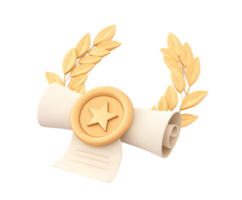Unfurled scroll or certificate with gold medal and laurel wreath, a 3D render for high honors, accomplishment, or validated achievement. For degrees. png