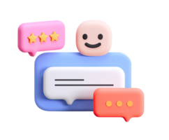 Modern 3D chat interface with smiley, star rating, messages, for positive customer feedback, excellent service review, or happy user communication. png