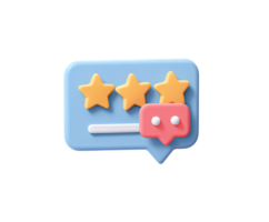 3D speech bubble icon with three stars and a thumbs-up gesture, signifying an excellent review, positive feedback, and high customer approval or rating. Isolated. png