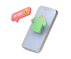 3D smartphone icon displaying a t-shirt for online shopping, with chat bubbles indicating customer interaction or reviews. E-commerce concept, isolated for web. png