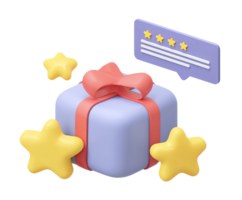 3D gift box icon with a speech bubble displaying a five-star rating, symbolizing a highly-rated present or excellent customer satisfaction with a purchase. Isolated. png