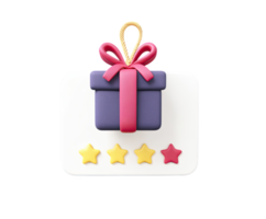 3D gift box with a pink bow and three rating stars below, indicating a well-received or good quality present. Symbolizes appreciation and positive feedback. Isolated. png