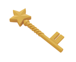 Golden 3D key icon with a star-shaped head, symbolizing success, unlocking opportunities, finding solutions, or gaining access to something valuable. Isolated. png