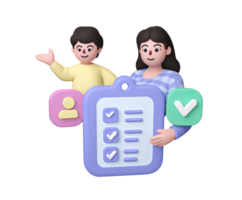 3D icon of a man and woman collaborating on a large checklist with a green checkmark, symbolizing teamwork, task completion, and project success. Isolated design. png