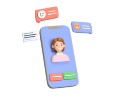 3D smartphone icon displaying a woman's profile during a call or social media interaction, with chat bubbles. Online communication concept, isolated element. png