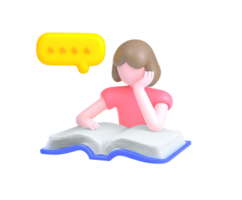 3D icon of a young girl engrossed in reading a book with a speech bubble, symbolizing learning, education, storytelling, imagination, and active thinking. Isolated. png