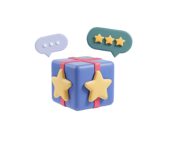 3D gift box with speech bubbles showing mixed star ratings and a thinking emoji, representing varied feedback or evaluation of a gift or product. Isolated icon. png