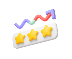 3D icon showing an upward trending line graph over three rating stars, symbolizing improving reviews, growing customer satisfaction, or positive performance. Isolated. png