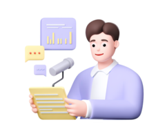 3D icon of a businessman at a podium with microphone and script, presenting data with a bar chart. Symbolizes public speaking or business reports. Rendered visual. png