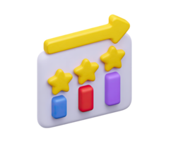 3D performance dashboard icon with a bar chart, upward trend arrow, and star ratings, visualizing business analytics and positive growth metrics. Isolated graphic. png