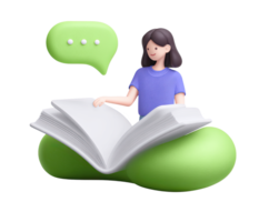 3D icon of a woman sitting on a large open book with speech bubbles, representing storytelling, avid reading, education, and knowledge communication. Isolated. png