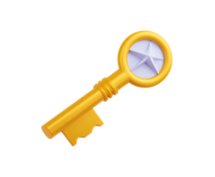 Ornate 3D golden key with a gem-like center, symbolizing special access, a valuable secret, unlocking treasure, or a highly important solution. Isolated element. png