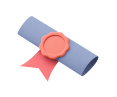 3D icon of a rolled diploma scroll tied with a red ribbon and sealed, symbolizing graduation, academic achievement, certification, or official recognition. Isolated. png
