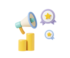 3D composition with a megaphone, star award, and bar chart, symbolizing the announcement of success, positive marketing results, or award recognition. Isolated. png