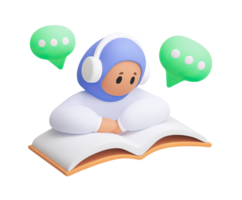 3D icon of a girl wearing a hijab and headphones, engaged in learning with a book and speech bubbles. Symbolizes e-learning or audio-assisted study. Isolated. png