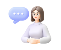 3D icon of a woman with glasses and a speech bubble, representing communication, conversation, customer support, or an announcement. Isolated character for design. png
