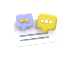 3D icon of a document with two speech bubbles showing star ratings, symbolizing customer feedback, product reviews, or performance comments. Isolated design element. png