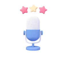 Blue 3D microphone icon on a stand with three pink stars above, representing podcasting, voice recording, interviews, or a highly rated performance. Isolated design. png
