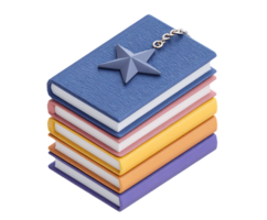 3D icon of a stack of colorful books with a prominent star bookmark, symbolizing education, learning, knowledge, and academic achievement. Isolated visual for design. png