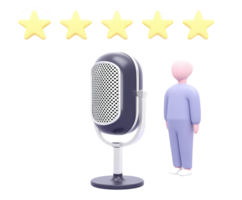 3D icon of a person with a large microphone and five rating stars, symbolizing customer reviews, product feedback, or high-quality interviews. Rendered asset. png