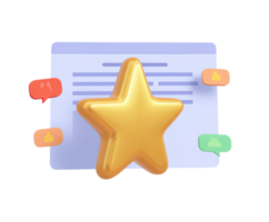 3D web interface icon with a large gold star, chat, and like notifications, symbolizing online reviews, user engagement, and positive feedback. Isolated element. png