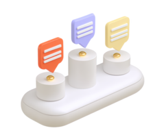 3D podium with three spots, each topped with a colored speech bubble, symbolizing top rankings, winner announcements, or diverse opinions in a forum. Isolated. png