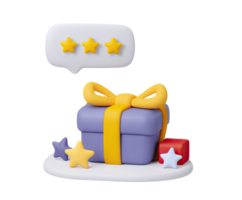 3D composition of a gift box, speech bubble with star rating, and a smaller gift, symbolizing customer review or feedback for a purchased present. Isolated design. png