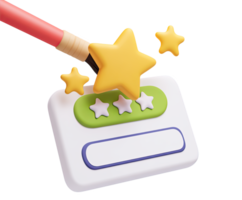 3D icon of a pencil marking a star rating on a review form, symbolizing the process of giving feedback, customer surveys, or product evaluation. Isolated visual. png